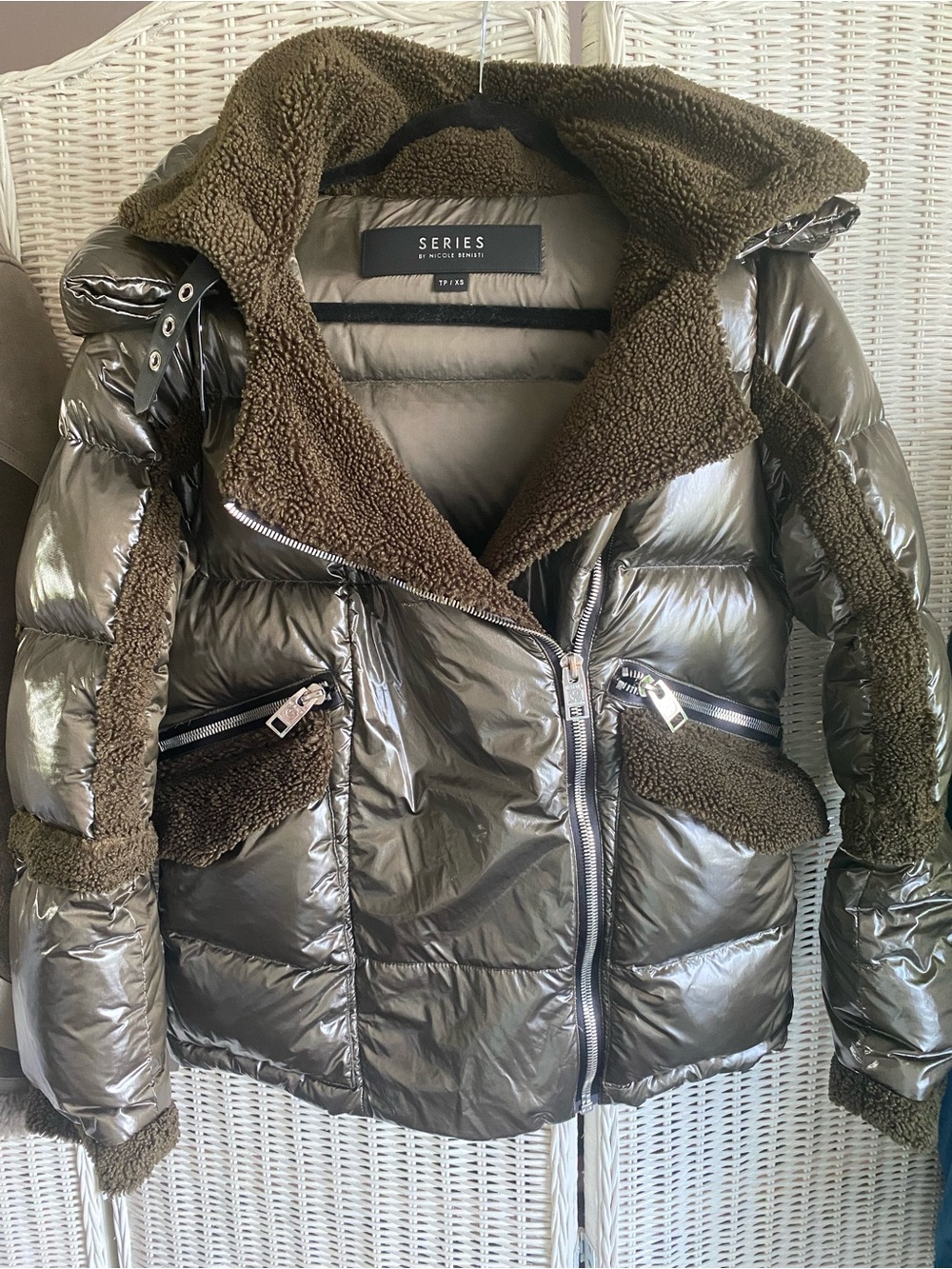 NB Series by Nicole Benisti Metallic Olive Down Puffer Jacket with Sherpa Trim